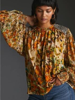 Blank London for Anthropologie gold sequin embellished blouse size medium